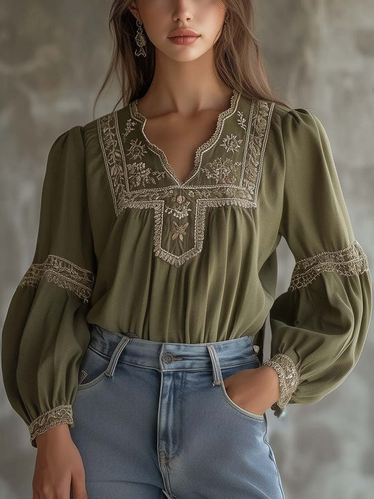 Vintage Olive Green Blouse with Intricate Embroidery