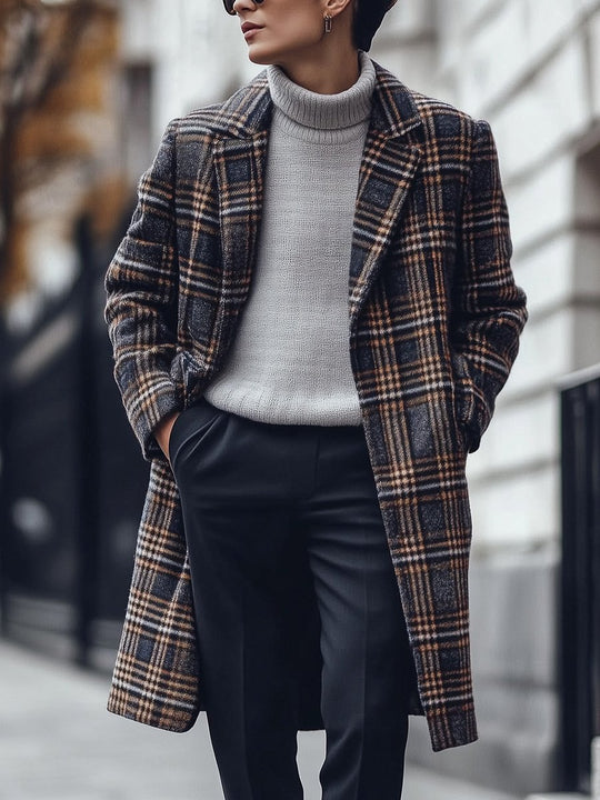 Trendy Lapel Plaid Mid-Length Wool Coat