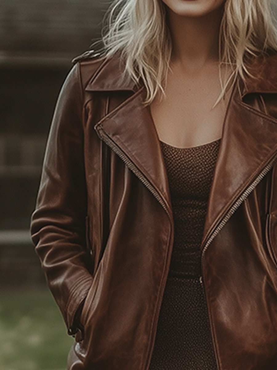 Brown Vintage Lapel Zipper Midi Leather Jacket