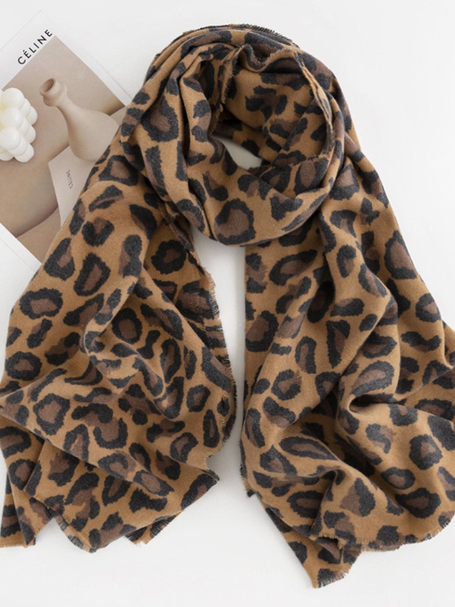 Leopard Print Soft Warm Cashmere Scarf Shawl Dual Purpose