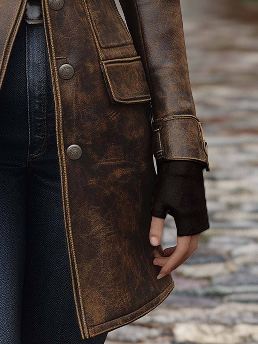 Vintage Lapel Button Leather Long Jacket