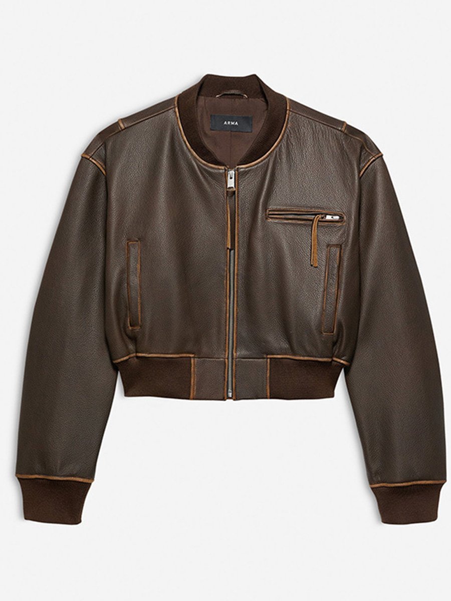 Fashionable Brown Zip-Detail Round Neck Leather Jacket