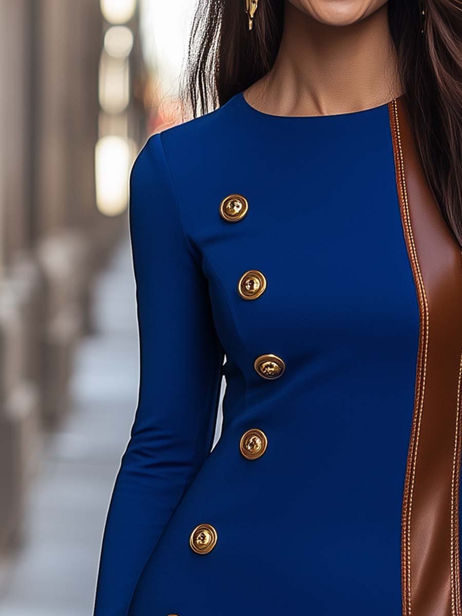 Women's Vintage Leather Splicing Gold Buttons Bodycon Dress