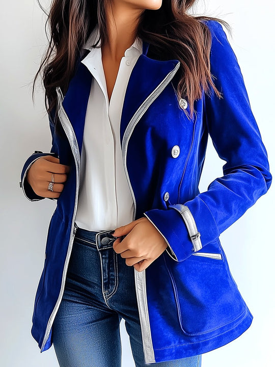 Stylish Double-breasted Silver Trim Pockets Suede Jacket