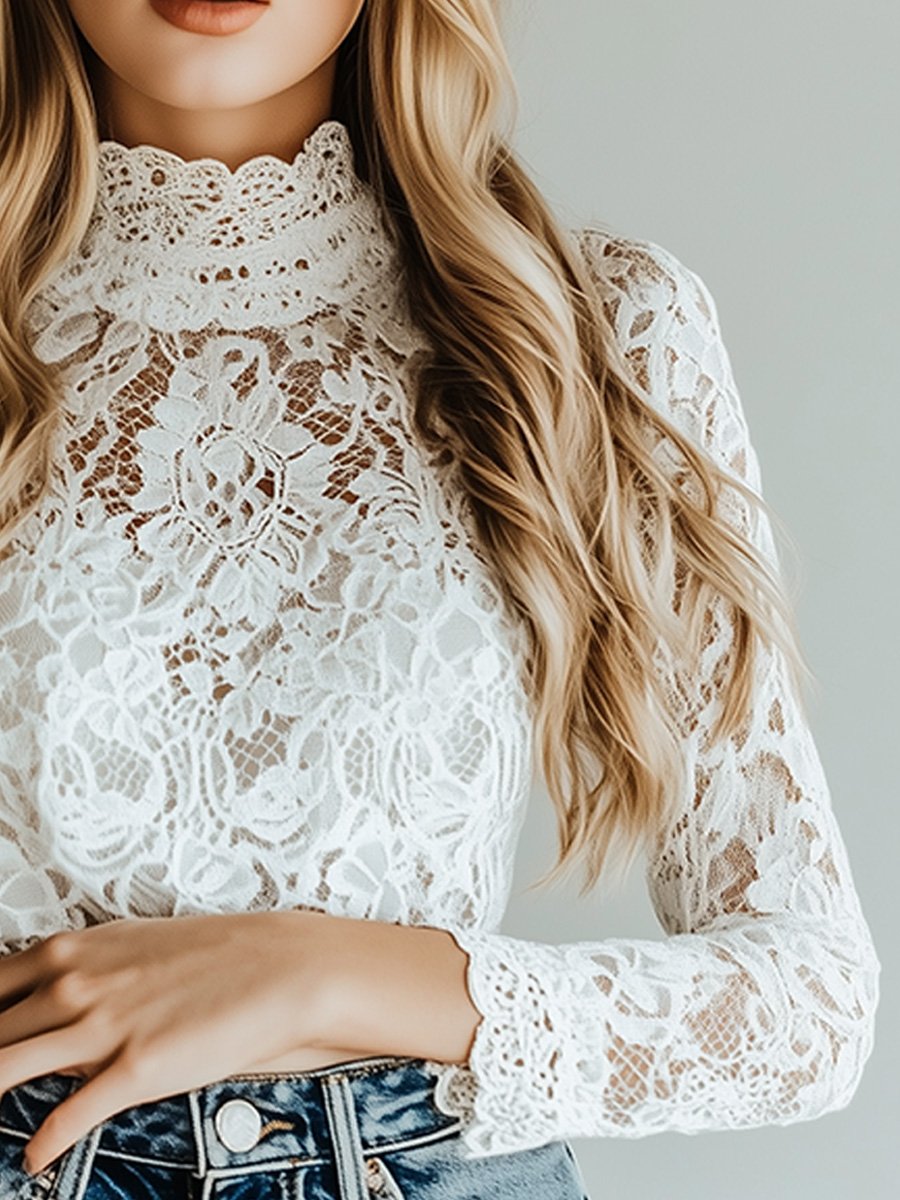 Romantic White Lace Blouse with High Neck and Scalloped Edges