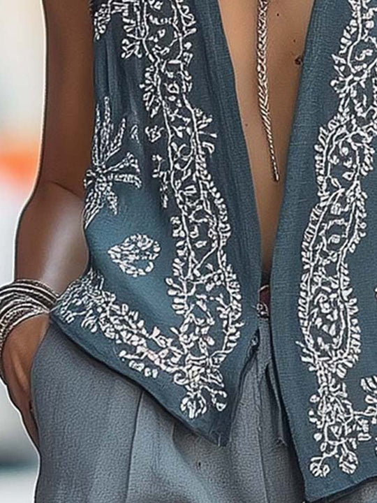 Embroidered Boho Open-Front Linen Vest