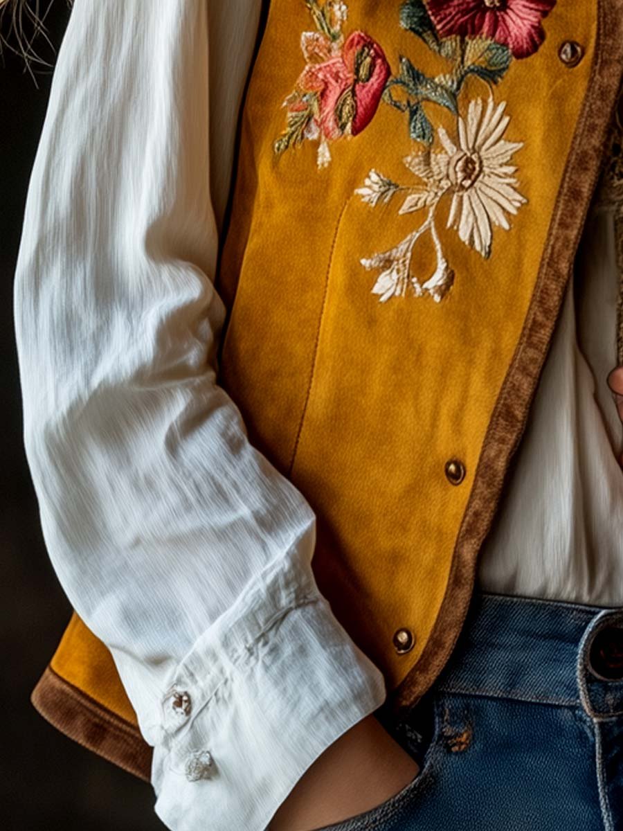 Women's Floral Embroidered Suede Vest