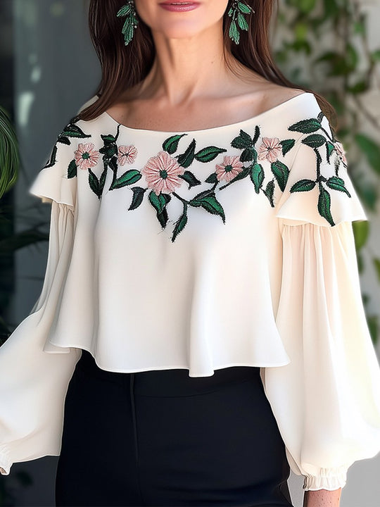 Off-Shoulder Floral Embroidered Blouse with Romantic Charm