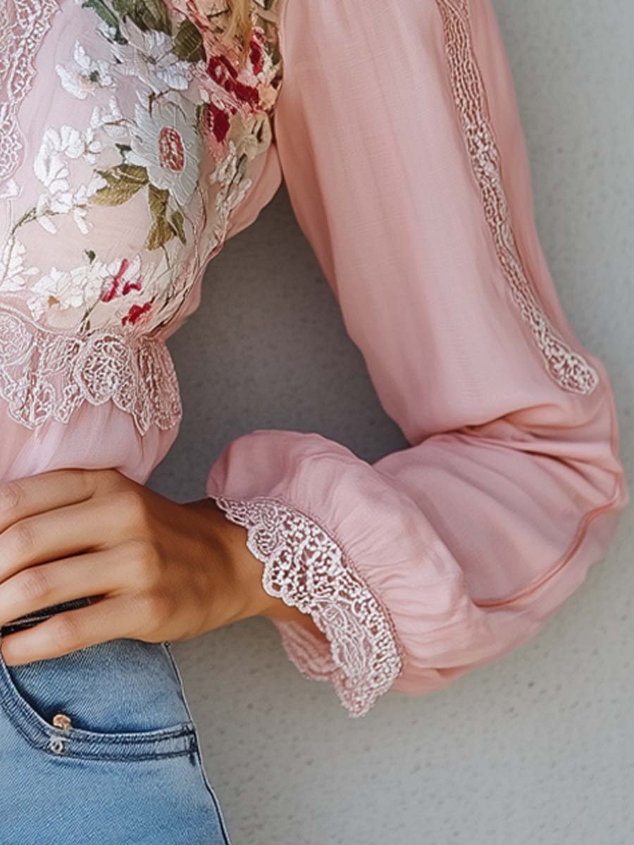 Lace trim Floral cotton linen blouse