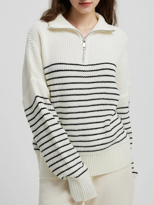 Turtleneck Striped Colorblock Long Sleeve Zipper Pullover Knit Sweater