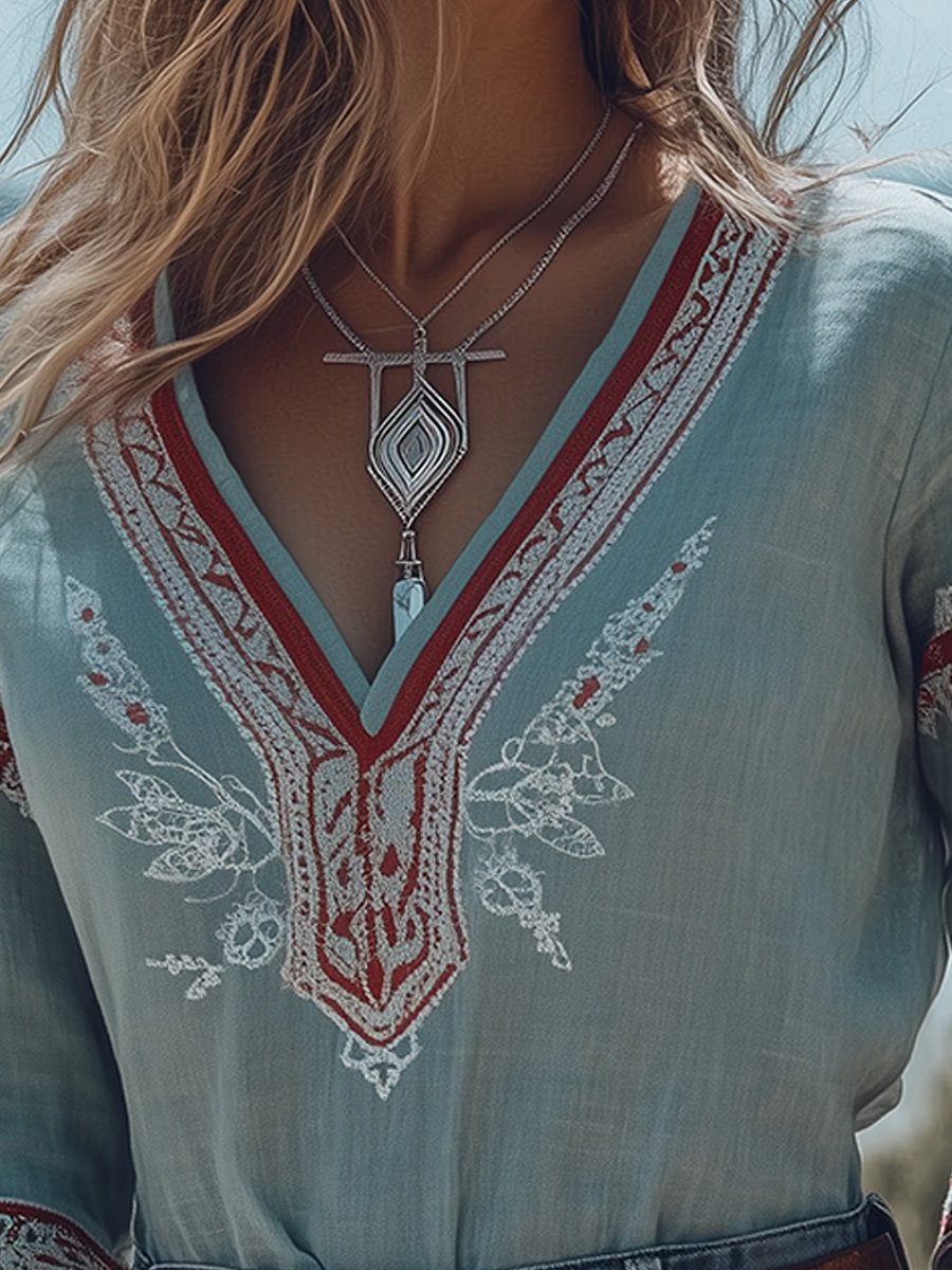 Embroidered Boho V-Neck Blouse