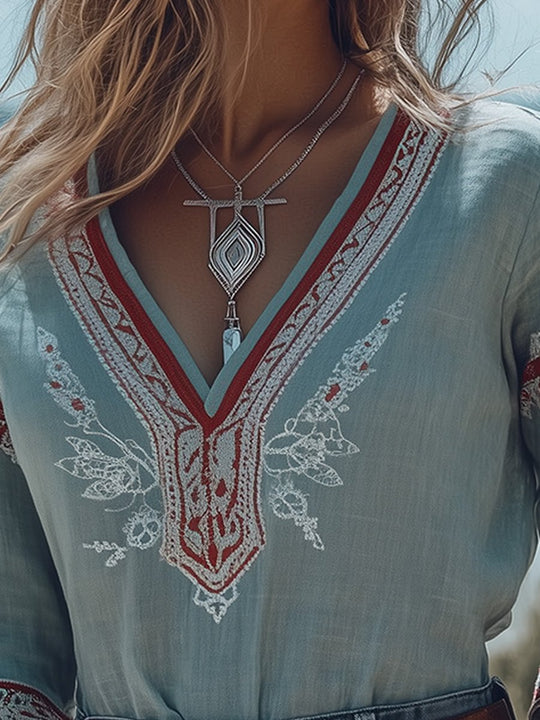 Embroidered Boho V-Neck Blouse