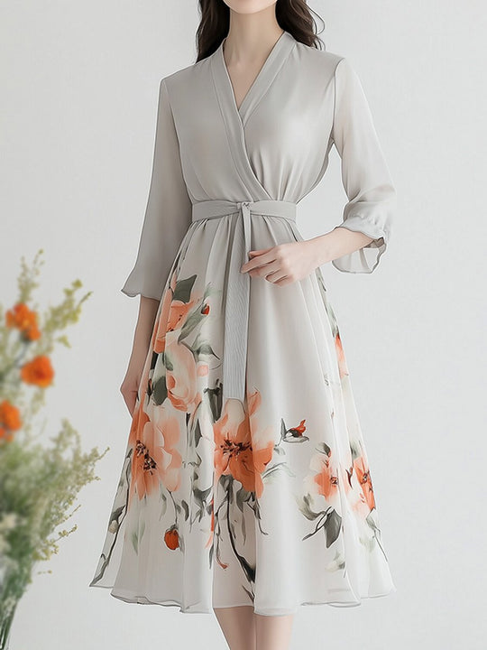 Casual V-neck Printed Waist Maxi Dress