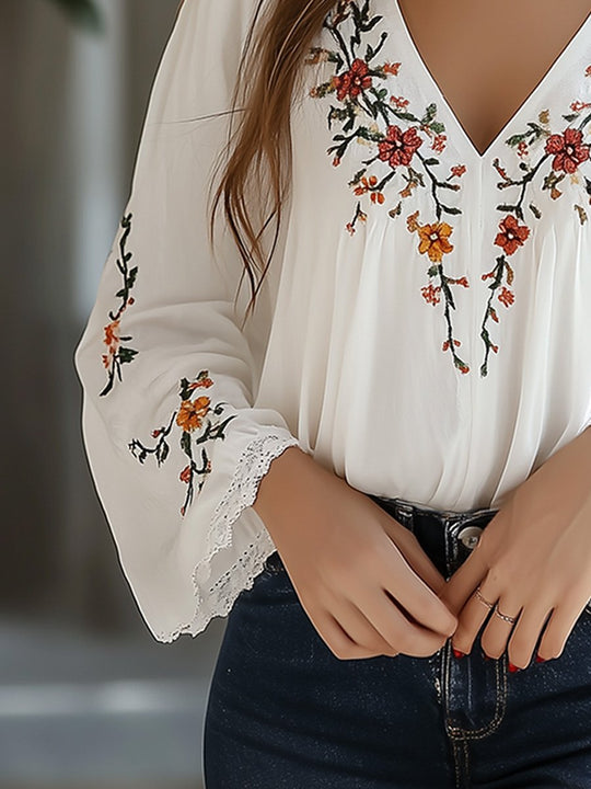 Boho Floral Embroidered V-Neck Blouse with Flared Sleeves