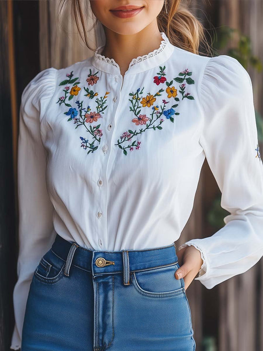 Women's Colorful Embroidered Cotton Long-sleeved Blouse