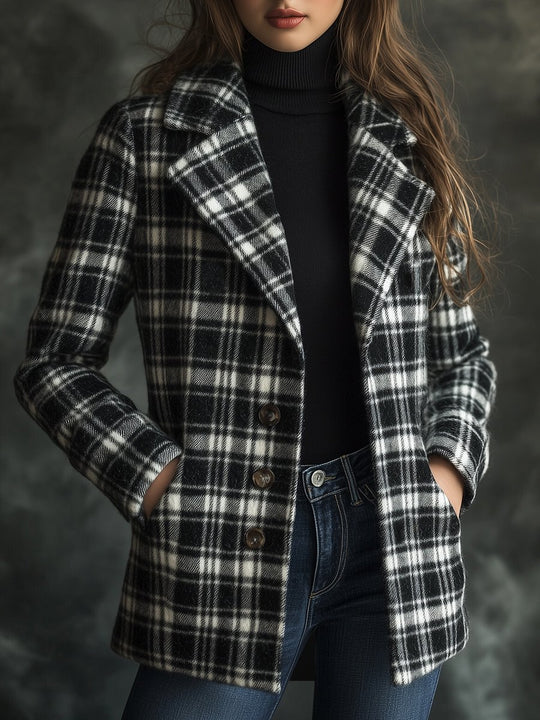 Classic Black and White Plaid Pattern Woolen Trench Coat