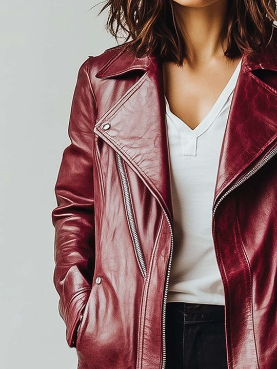 Women's Vintage Burgundy Zipper Leather Coat