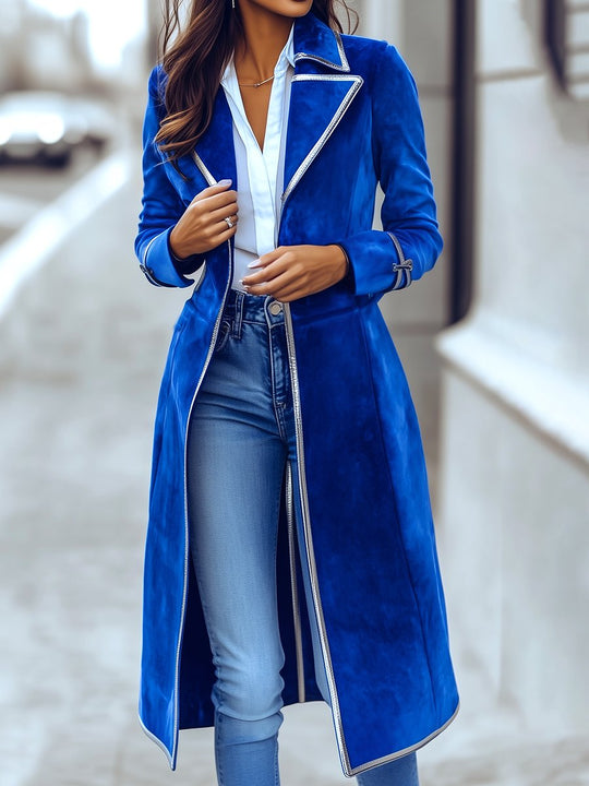 Chic Silver Trim Button Down Suede Trench Coat