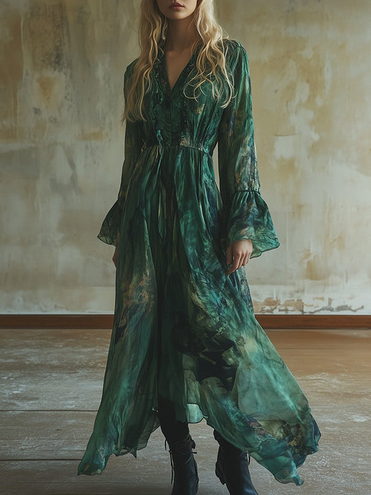 Elegant Green Satin Dress with Black Lace Sleeves