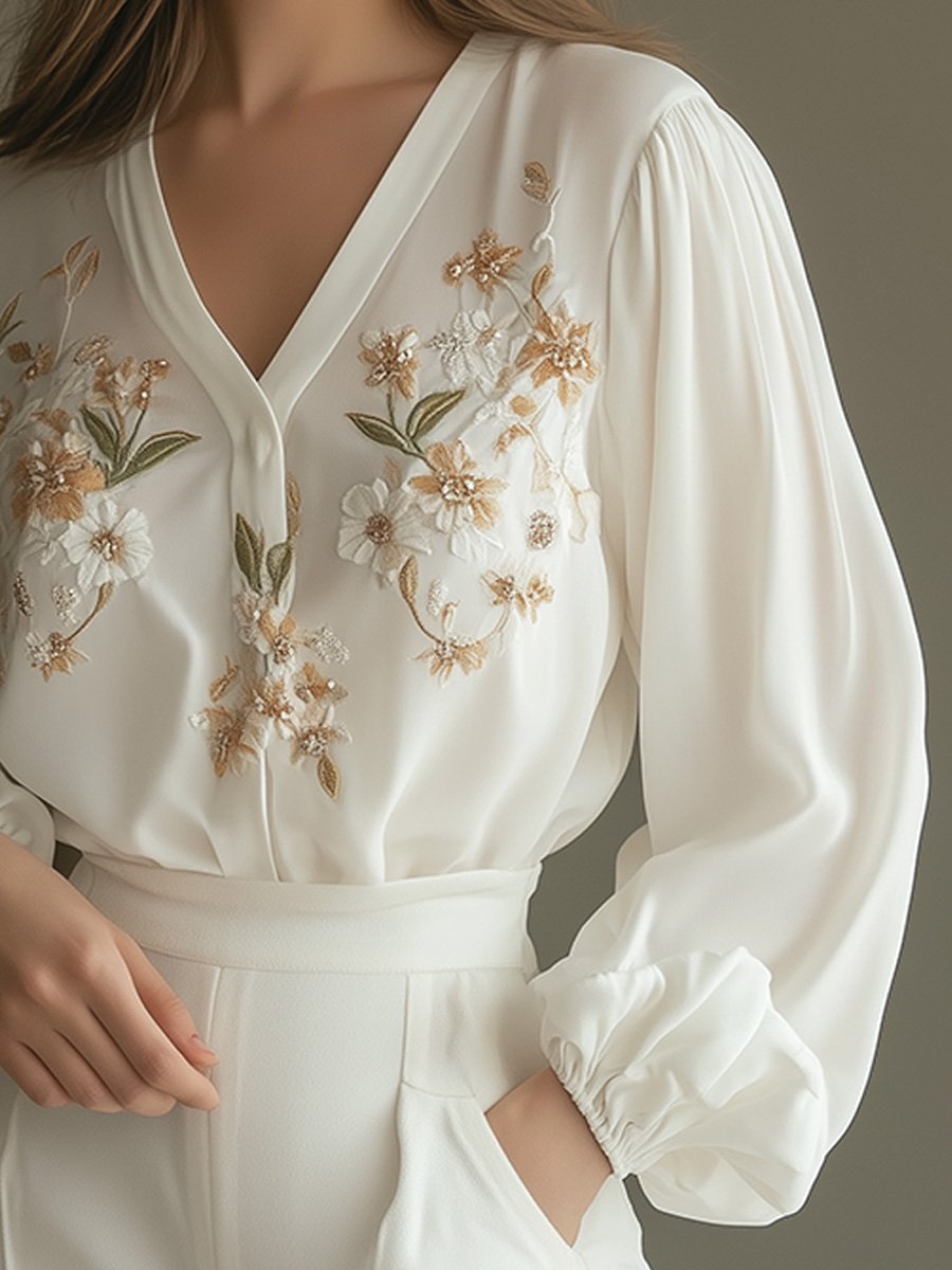 Elegant Embroidered V-Neck Blouse with Puff Sleeves