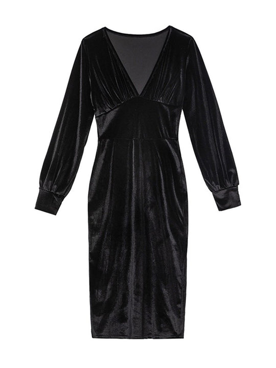 V-neck Velvet Waist Long-sleeved Hip Dress