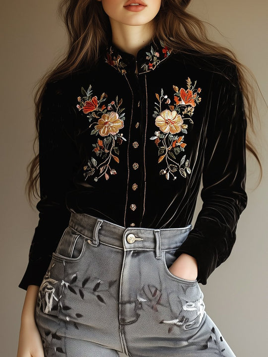 Boho Embroidery Stand Collar Single-breasted Velvet Shirt