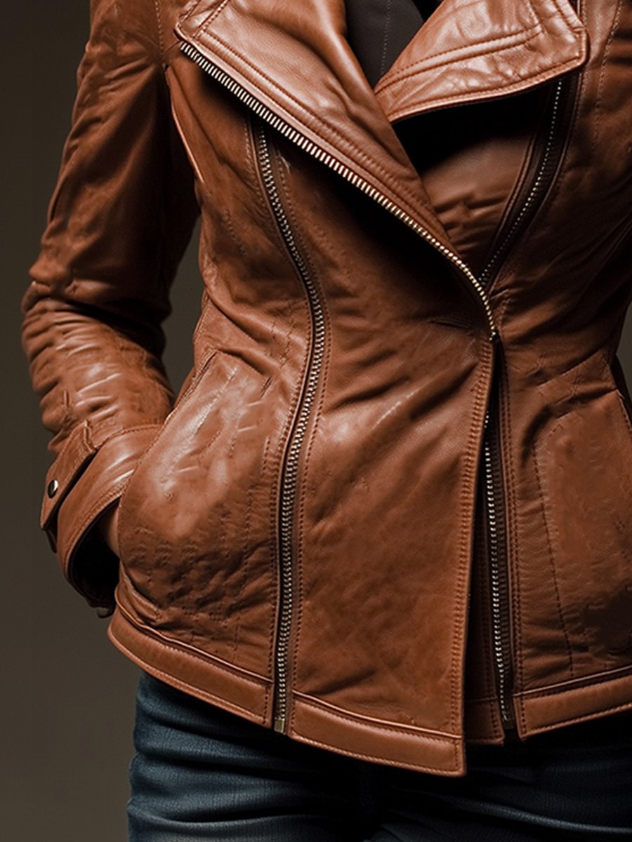 Women's Fashion Retro Lapel Zipper Heavy Leather Jacket