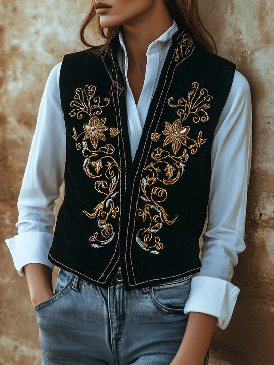 Retro Symmetrical Pattern Embroidery Suede Waistcoat