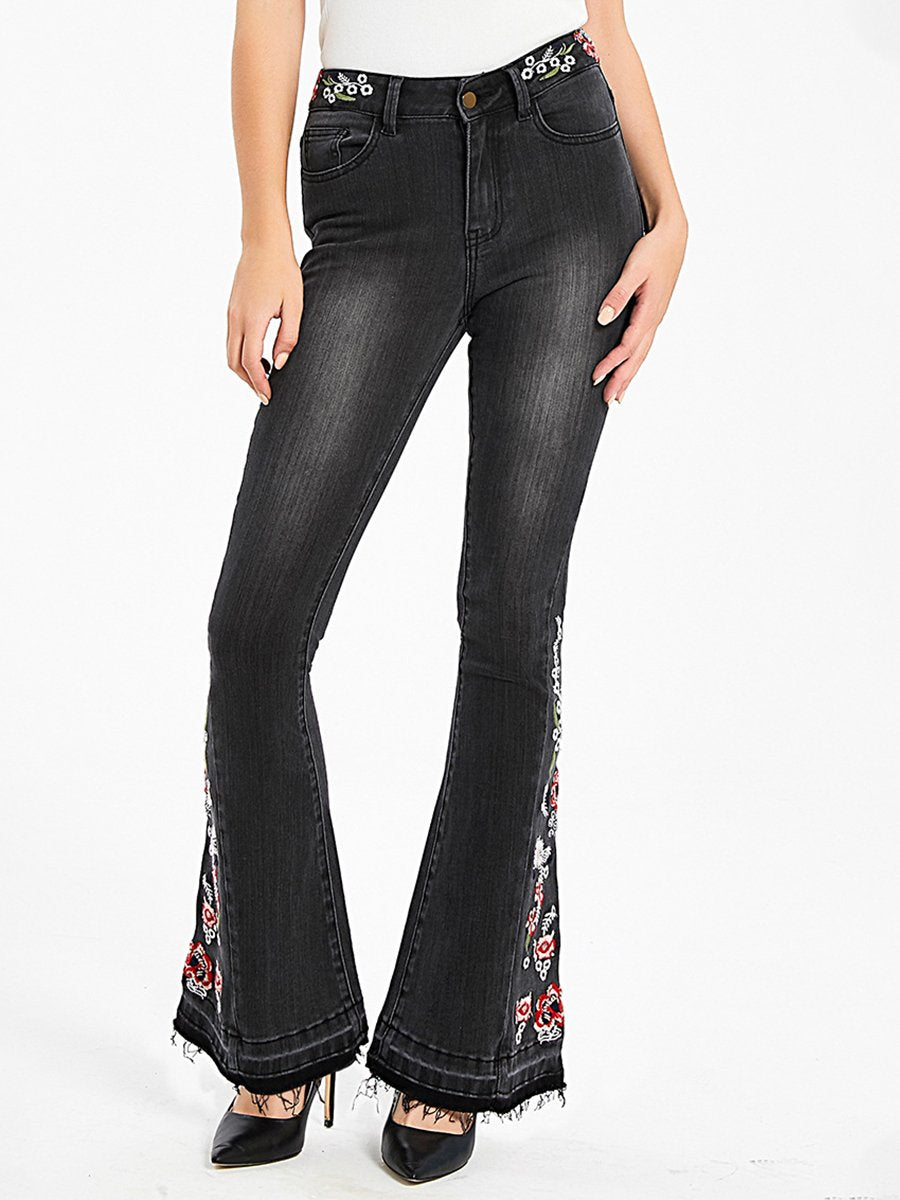 Elegant Embroidered Slim-fit Stretch Denim Flared Pants