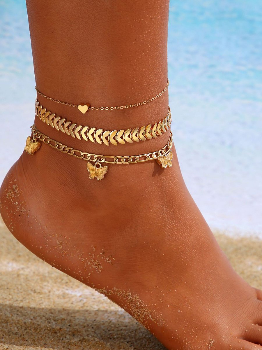 Retro Simple Round Bead Double Layer Love Heart Anklet