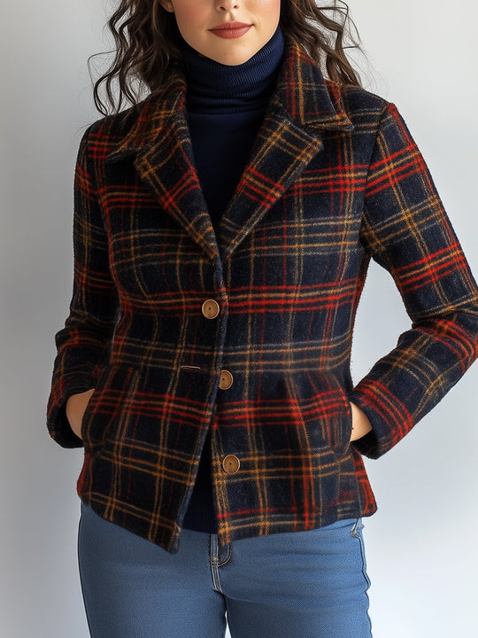 Retro Plaid Pattern Pockets Woolen Short Jacket