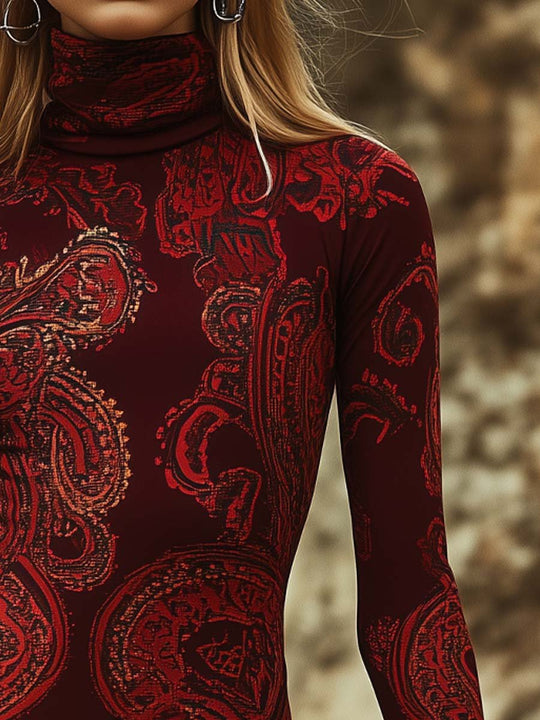 Long Sleeve High Collar Paisley Bodycon Dress