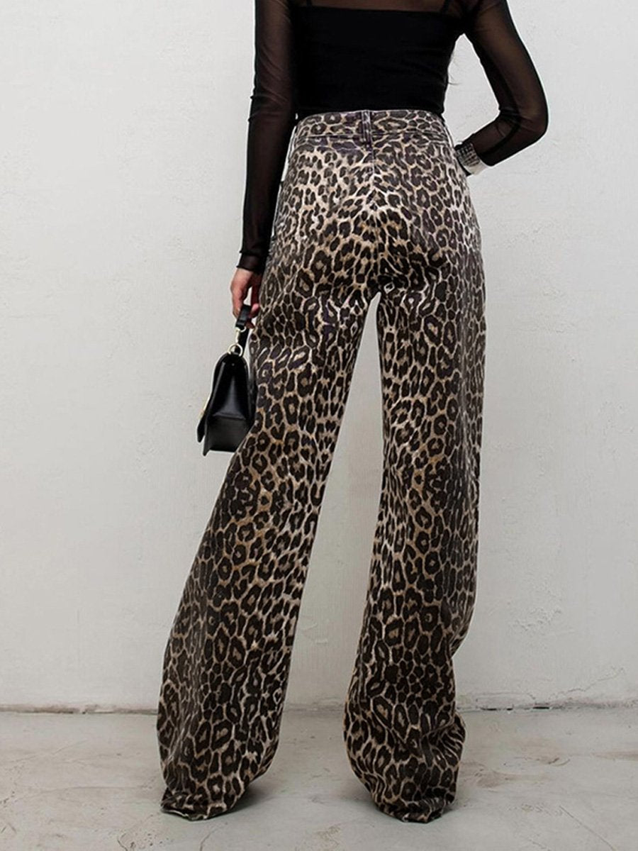 Stylish High Waisted Straight Pants With Leopard Print