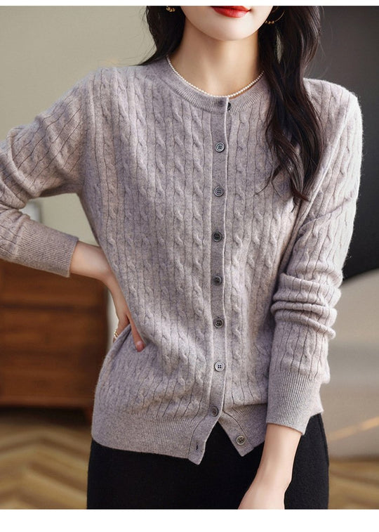 Fashion Round Neck Slim Fit Cable Knit Cardigan