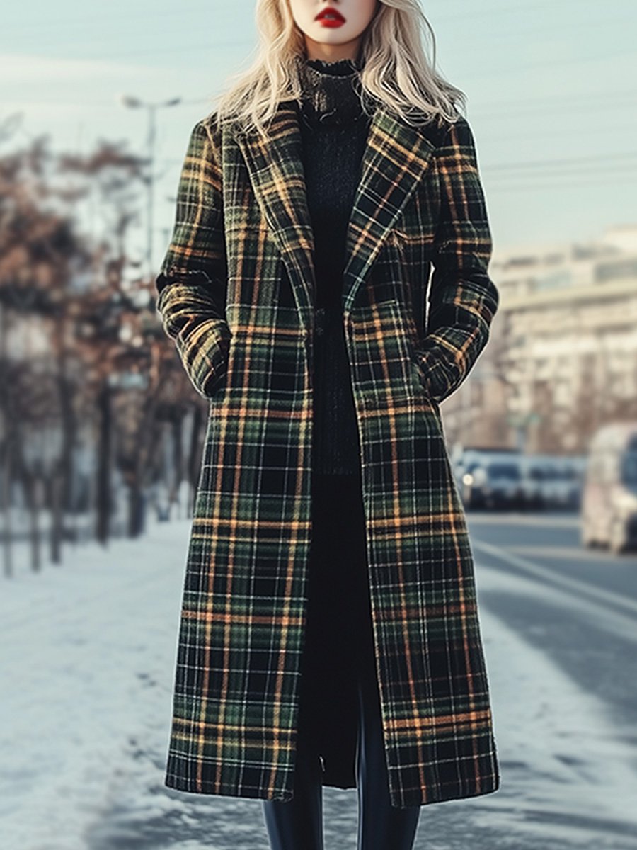 Chic Vintage Wool Check Midi Coat