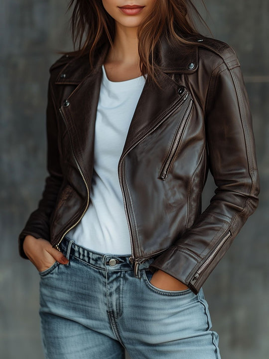 Women Vintage Zipper Cuffs Sheepskin Biker Jacket