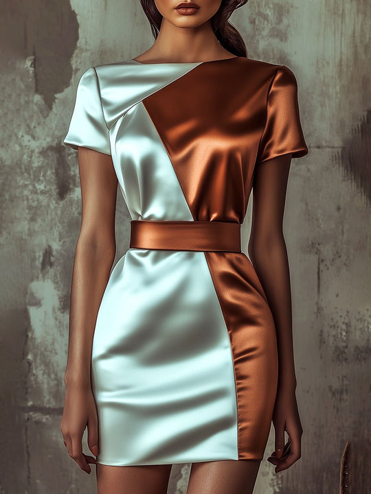 Stylish Wiast-cinched Color-blocking Satin Pencil Dress