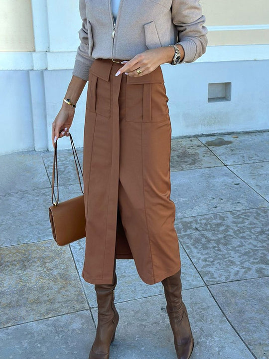 Women's Brown Slit Mid-length Skirt with Hip Skirt