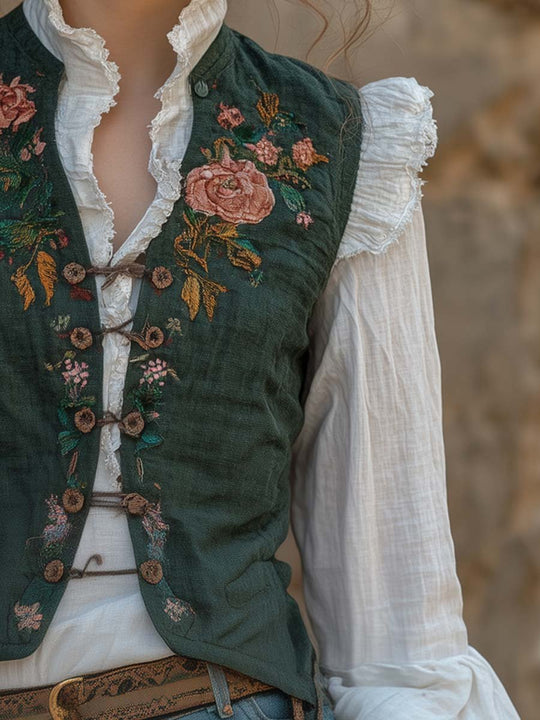 Rustic Elegance Embroidered Green Vintage Vest