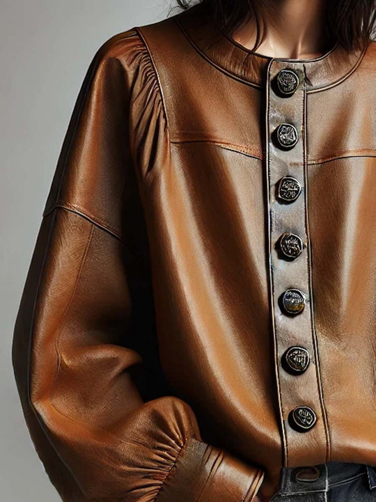 Women's Vintage Button-Down Leather Blouse