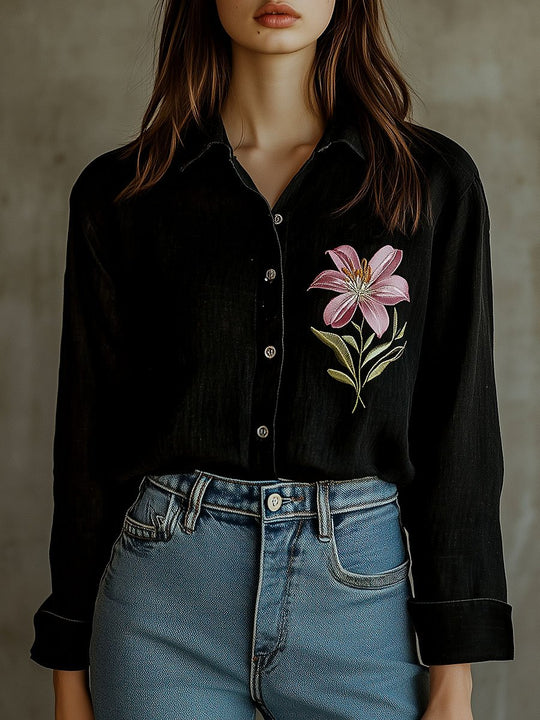 Boho Lily Embroidery Cotton and Linen Shirt