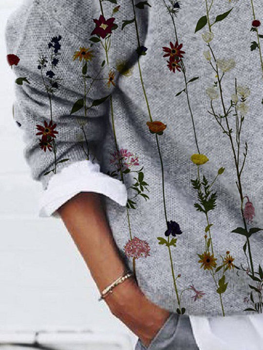 Fashionable Brushed Floral Loose Long Sleeve Top