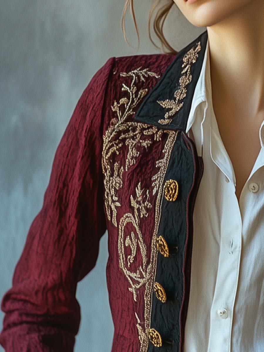 Women's Vintage Contrast Trim Embroidered Cotton Linen Jacket