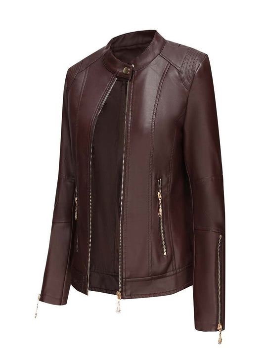 Women's Stand Collar Zipper Cuff Leather Jacket