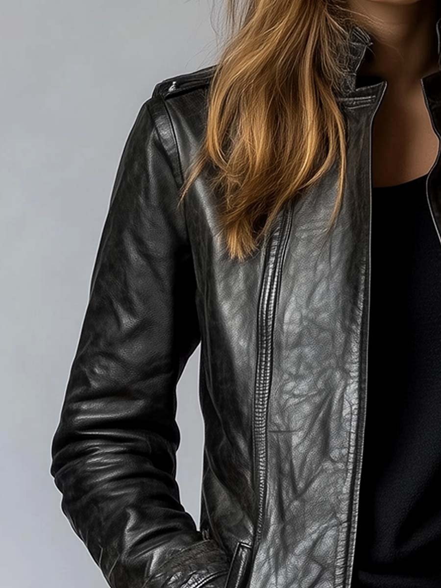 Women's Vintage Stand Collar Leather Jacket