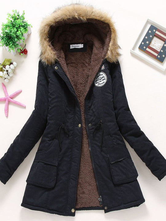 Casual Fur Collar Lambskin Plus Velvet Thickened Loose Mid-length Cotton Coat