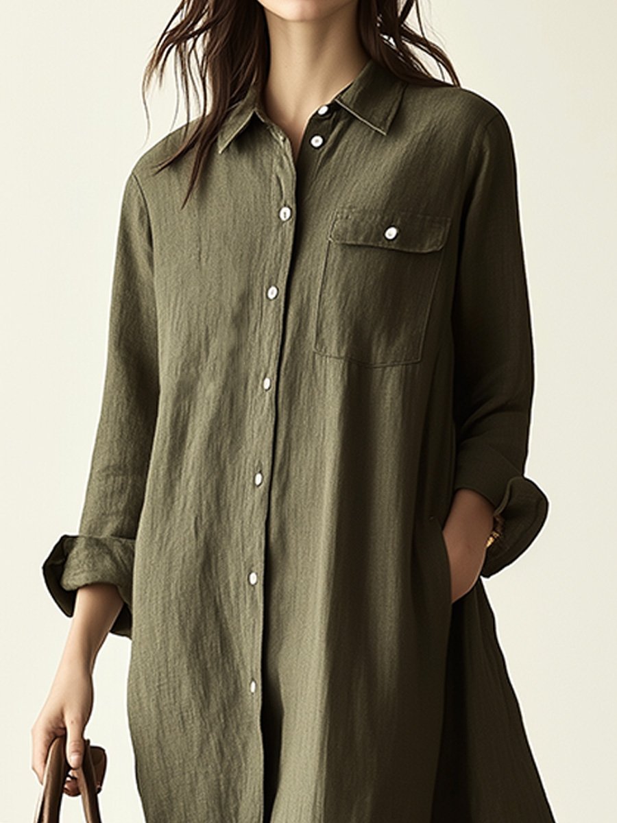 Relaxed Button-Down In Earthy Green Maxi Shirt Dress