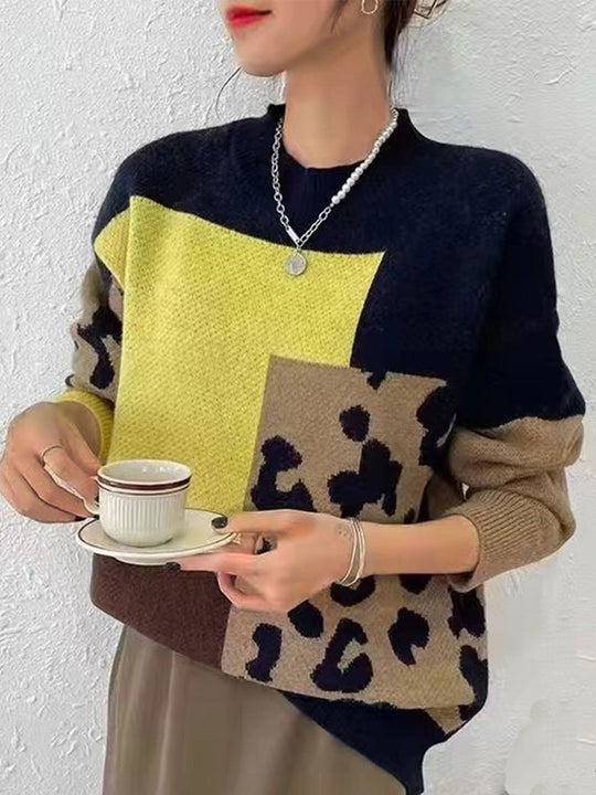 Fashionable Retro Loose-Fit Leopard Print Pullover Knit Sweater