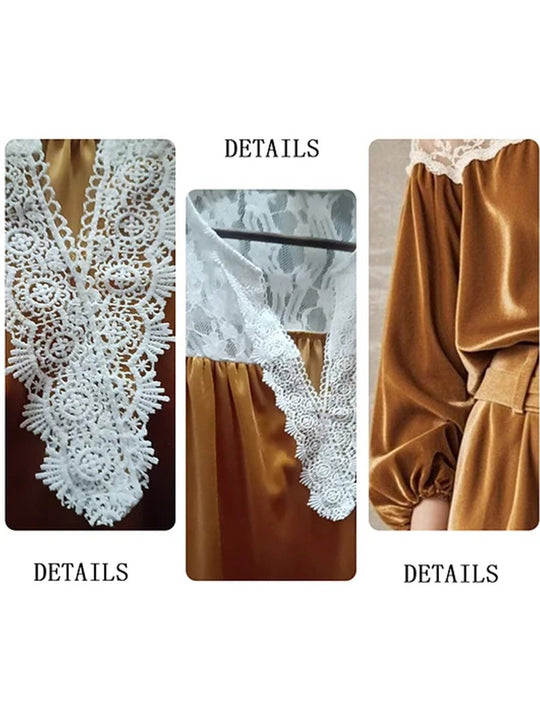 Brown Velvet Lace V-Neck Long Sleeve Shirt