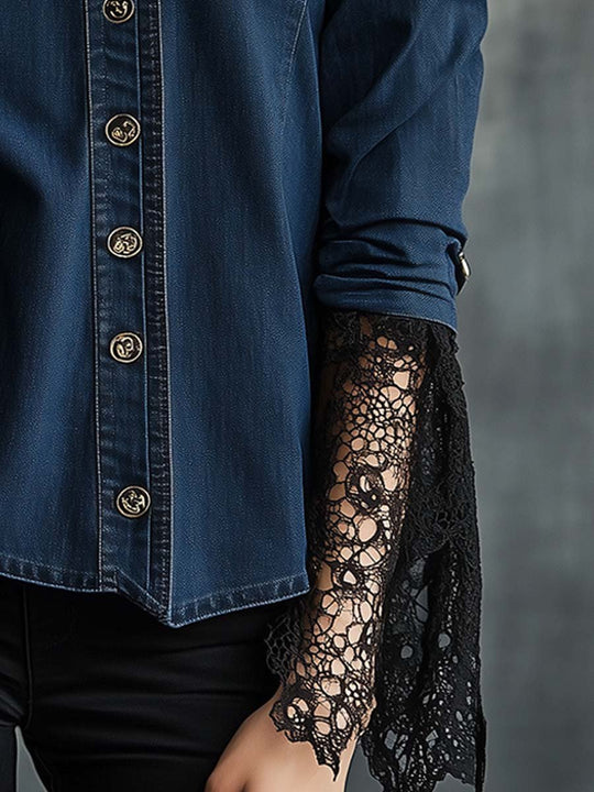 Vintage Lace Cuffs Gold Buttons Denim Shirt